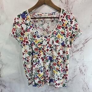 Anthropologie T Shirt Womens XS White Floral V Neck Cuffed Short Sleeve Tee Tla